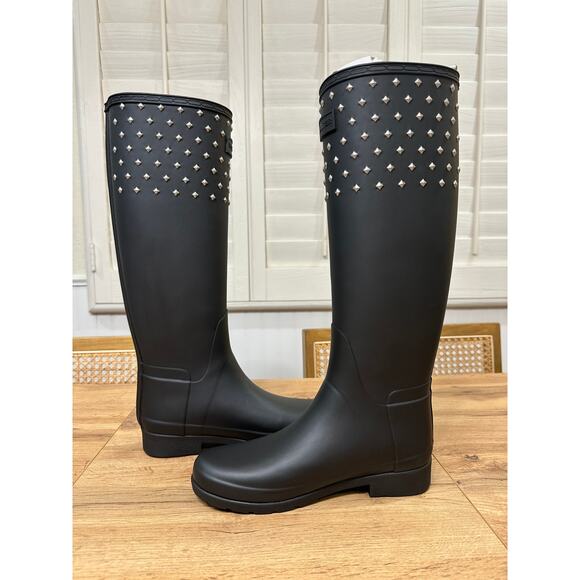 Hunter Womens Refined Tall Stud Cuff Boots Black Size 6 US 37 EU NWOB Rain Boots - Picture 9 of 15